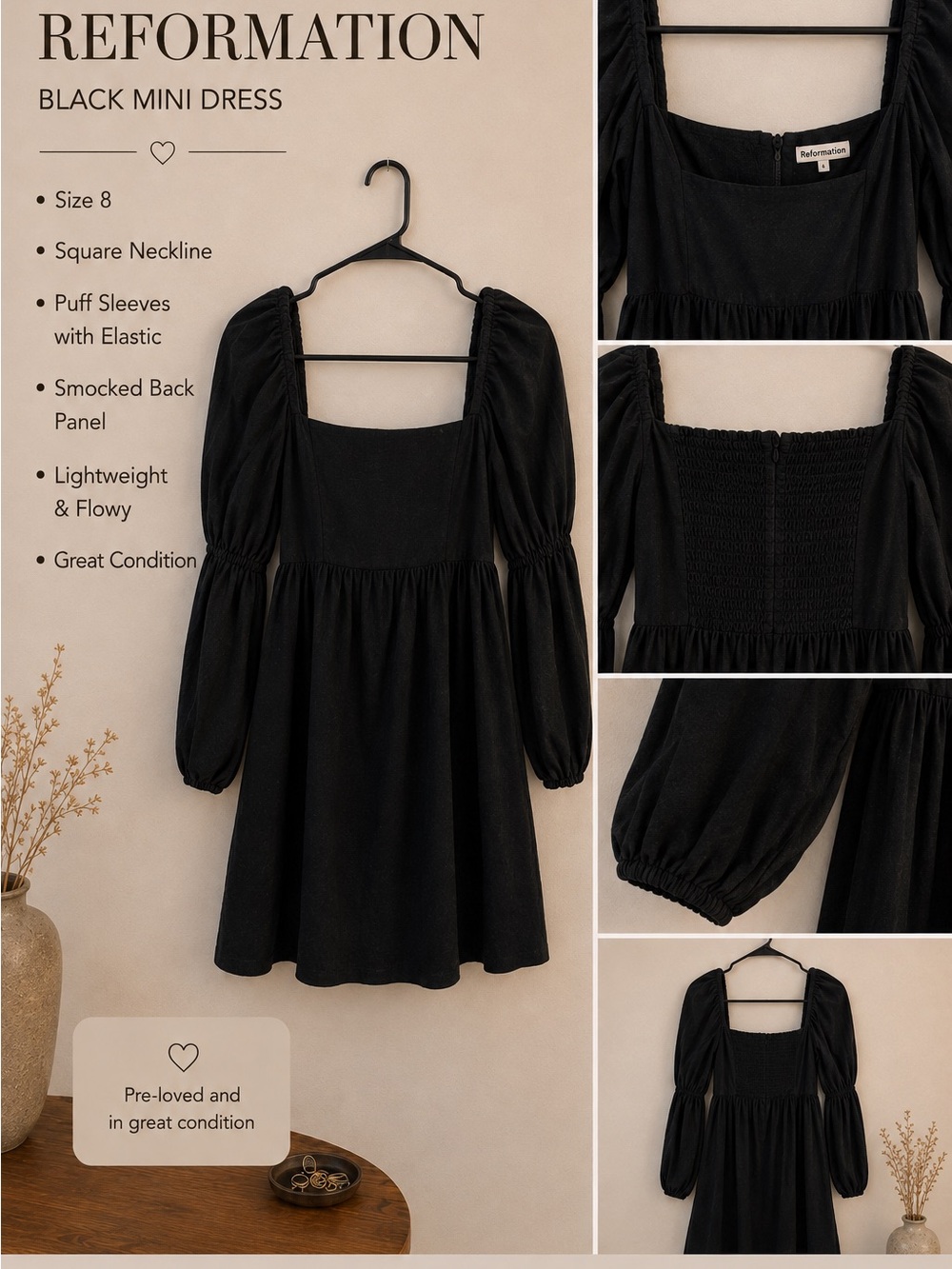 Reformation Black Square-Neck Puff-Sleeve Mini Dress